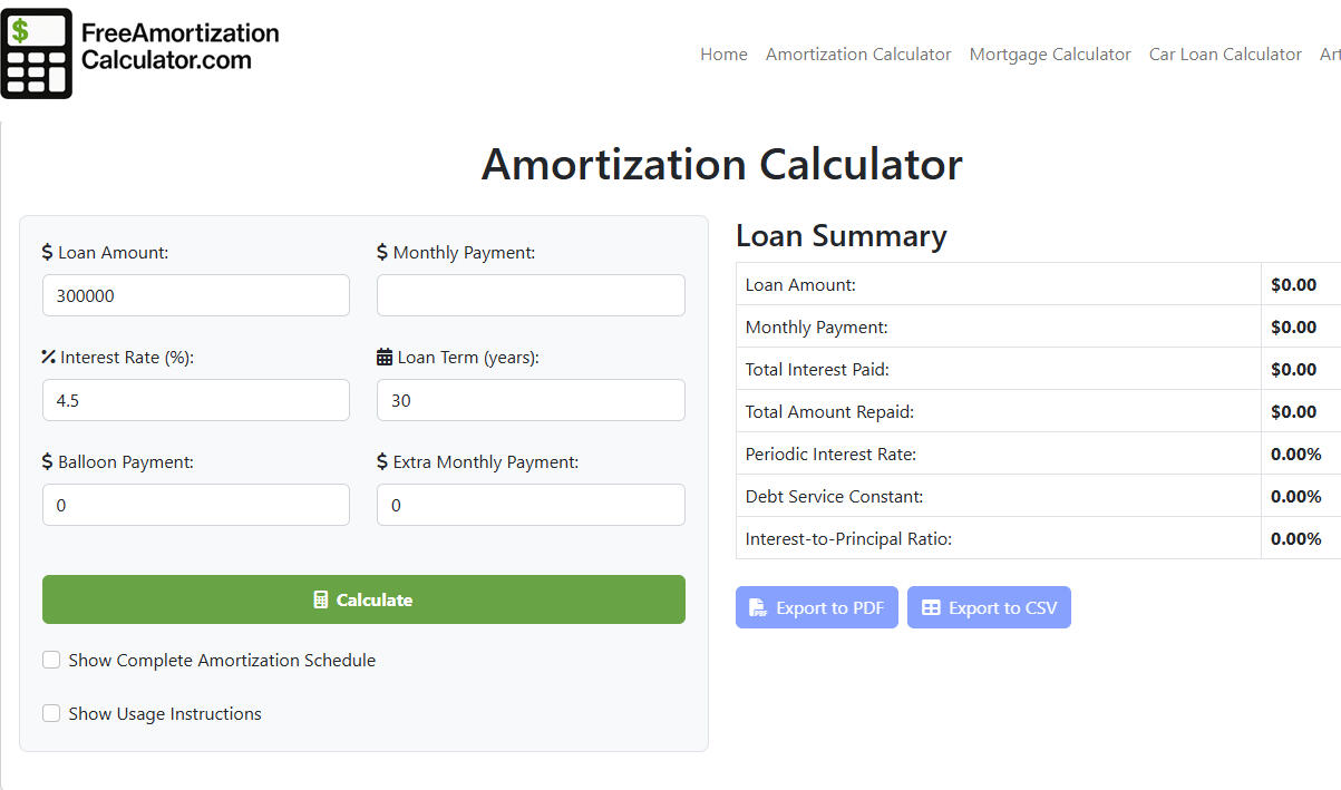 Downloadable and exportable to PDF amortization schedule for loan calculations.